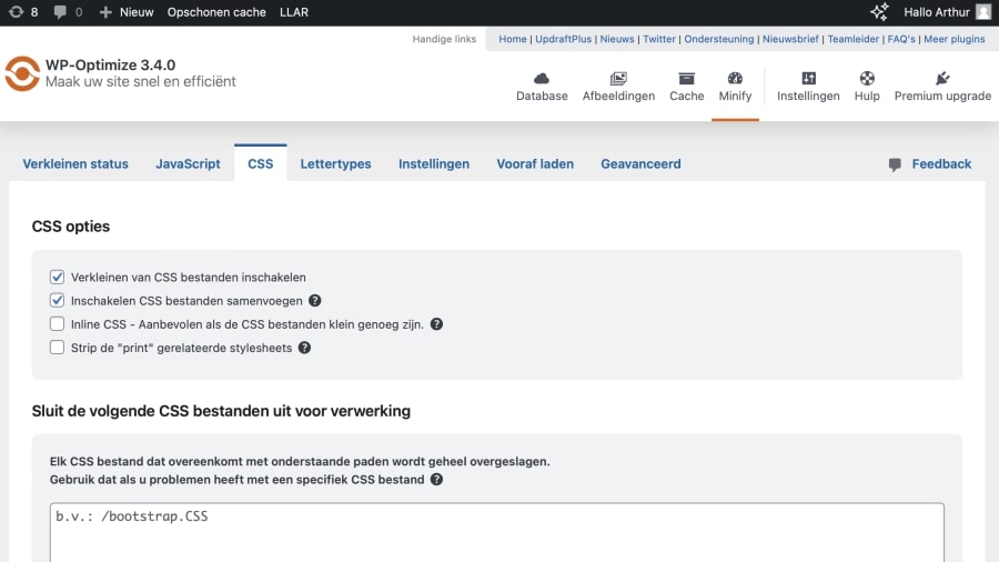 minify css voor sneller laden met wordpress plugin