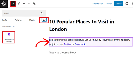 reusable herbruikbaar blok op wordpress pagina plaatsen